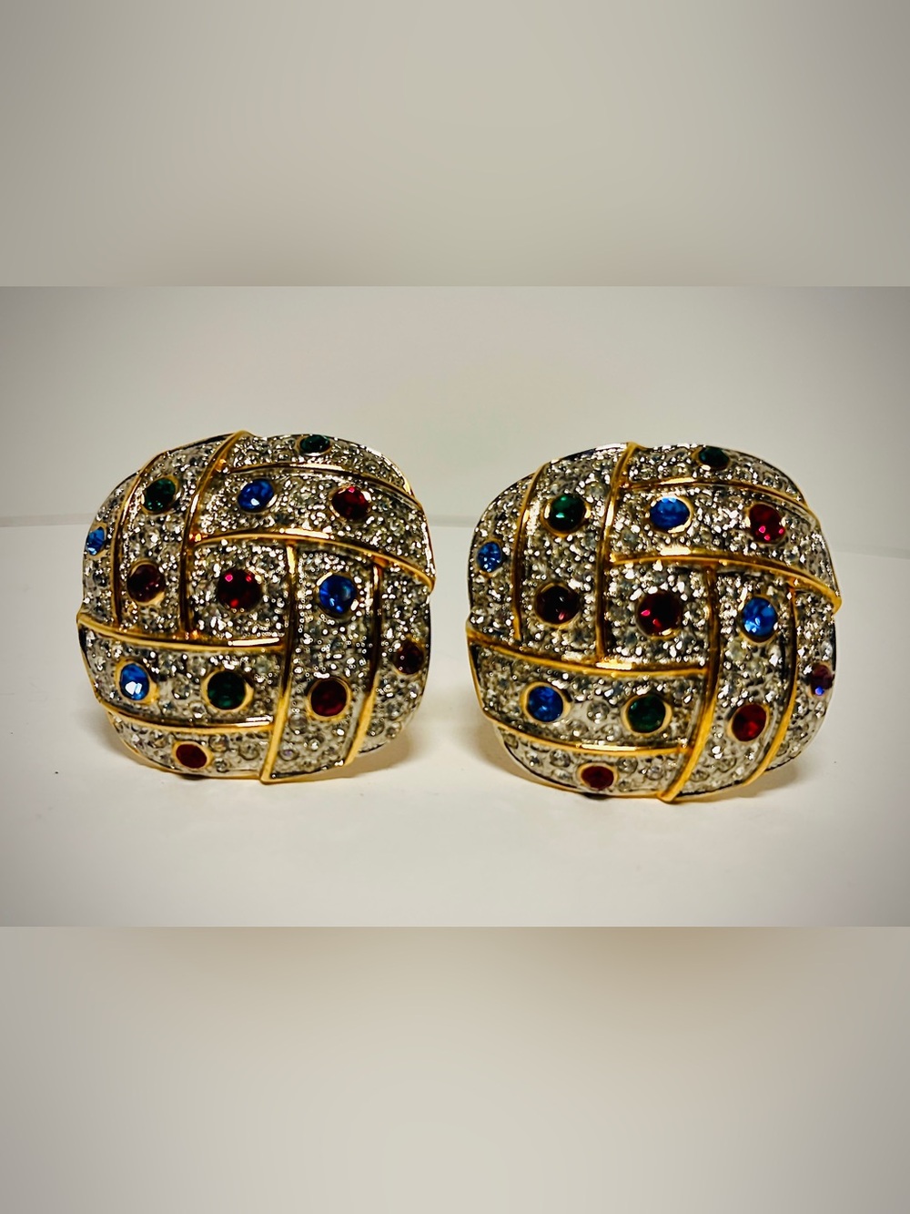 Vintage 1980s Designer Rhinestone Multicolor Crystal Clip On Goldtone Earrings